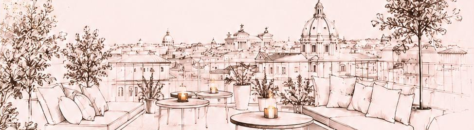 Illustrazione della terrazza con lo skyline di Roma a tratto seppia
